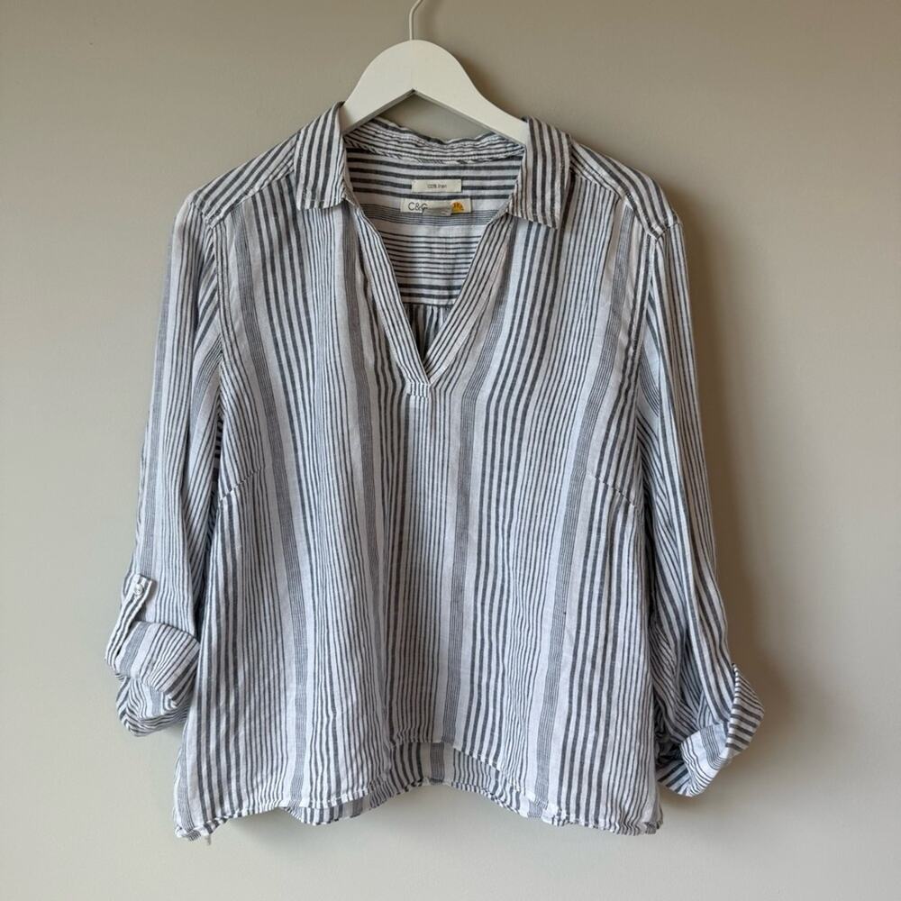 C&C California | 100% Linen Striped Popover Top Size 1X